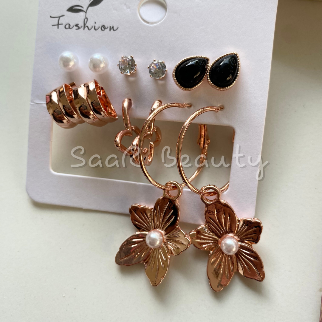 PAIR OF 6 ROSE GOLD BUTTERFLY STUDS AND ROSEGOLD BLACK DROP AND HANGING FLOWER HOOPS EARRINGS