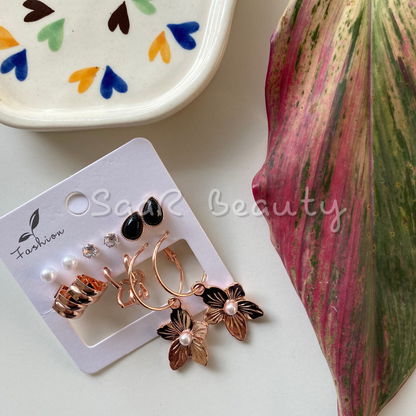 PAIR OF 6 ROSE GOLD BUTTERFLY STUDS AND ROSEGOLD BLACK DROP AND HANGING FLOWER HOOPS EARRINGS