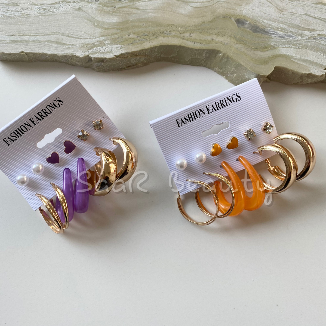 PAIR OF 6 PURPLE & ORANGE HEART STUDS AND PURPLE & ORANGE GOLDEN HOOPS EARRINGS