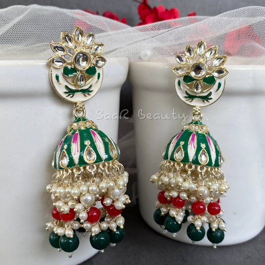 MEENAKARI VISHAKHA JHUMKA EARRINGS - GREEN