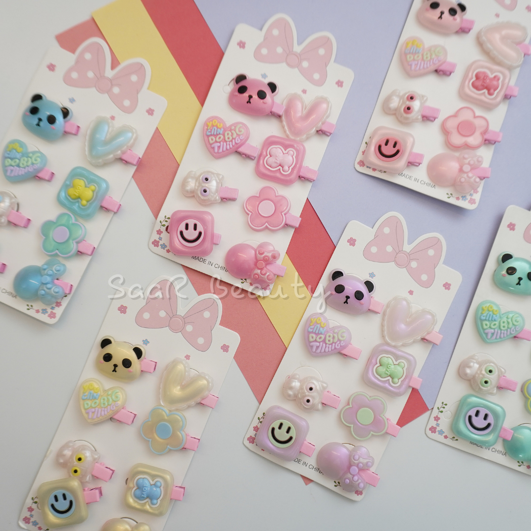 Shop the Korean Panda &amp; Smiley Hair Clip Set of 8! Imported, premium-quality clips with cute designs for kids, girls, and women. Perfect for thick and thin hair in vibrant shades.