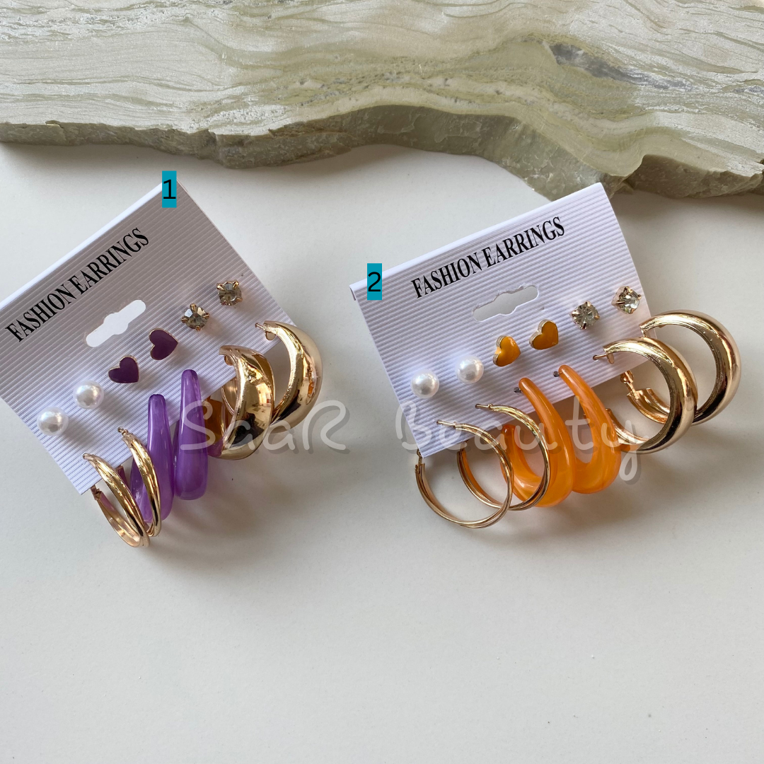 PAIR OF 6 PURPLE &amp; ORANGE HEART STUDS AND PURPLE &amp; ORANGE GOLDEN HOOPS EARRINGS