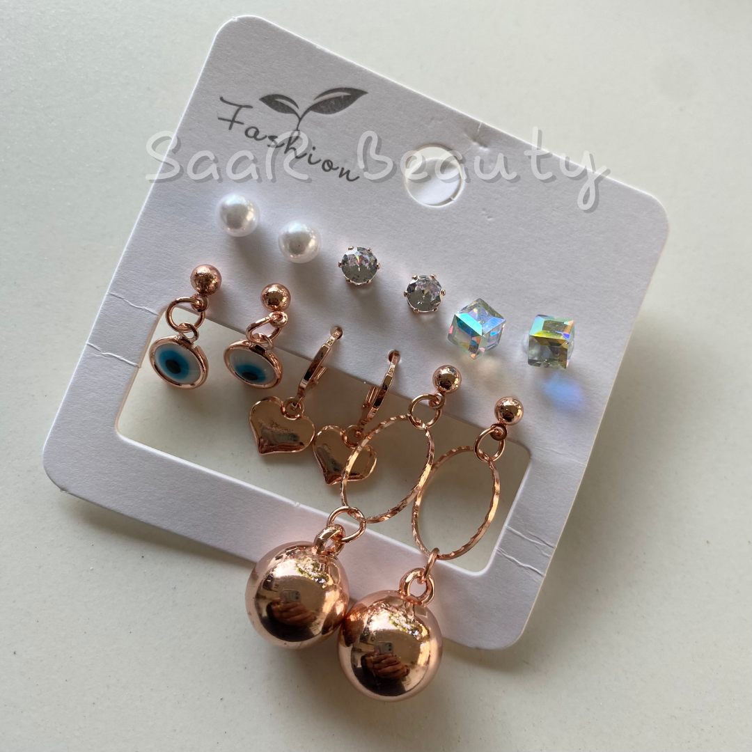 PAIR OF 6 ROSE GOLD EVIL EYE STUDS AND ROSEGOLD HEART AND HANGING BALLS HOOPS EARRINGS