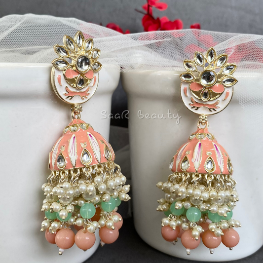 MEENAKARI VISHAKHA JHUMKA EARRINGS - GREEN PEACH