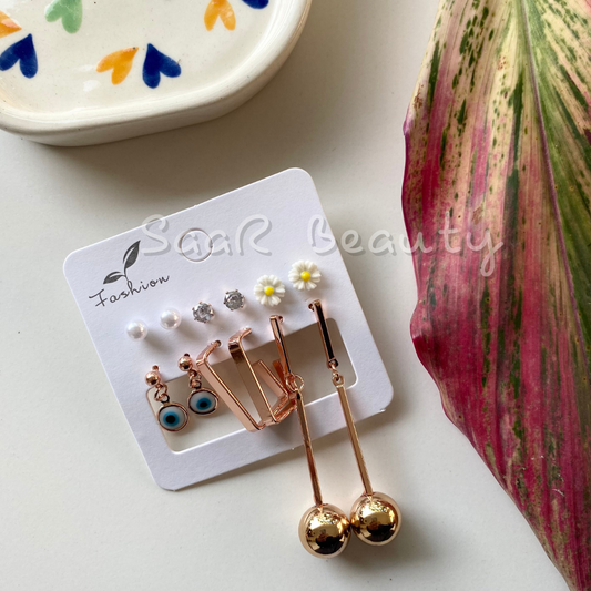 PAIR OF 6 ROSE GOLD EVIL EYE FLOWER STUDS AND ROSEGOLD PENDULUM HOOPS EARRINGS