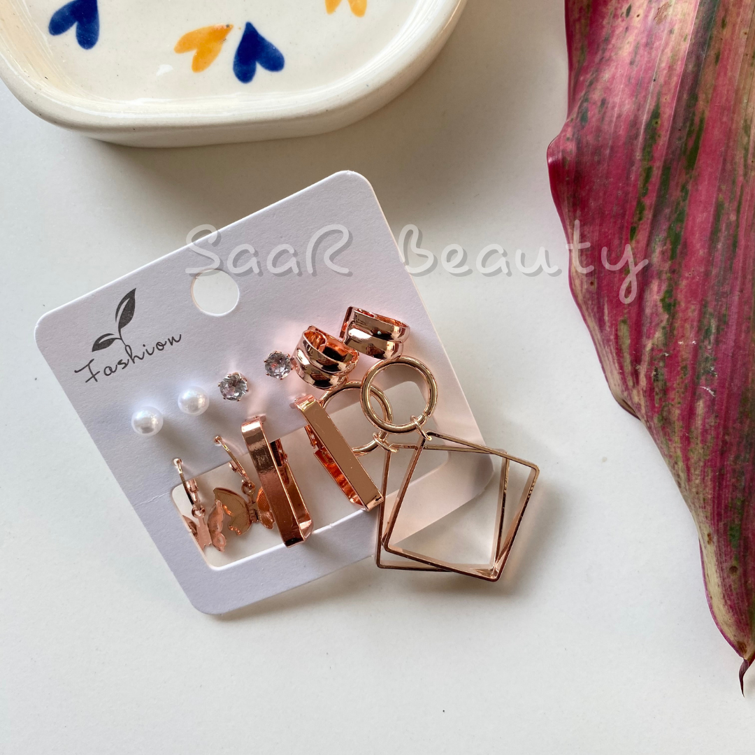 PAIR OF 6 ROSE GOLD BUTTERFLY STUDS AND ROSEGOLD SQUARE HOOPS EARRINGS