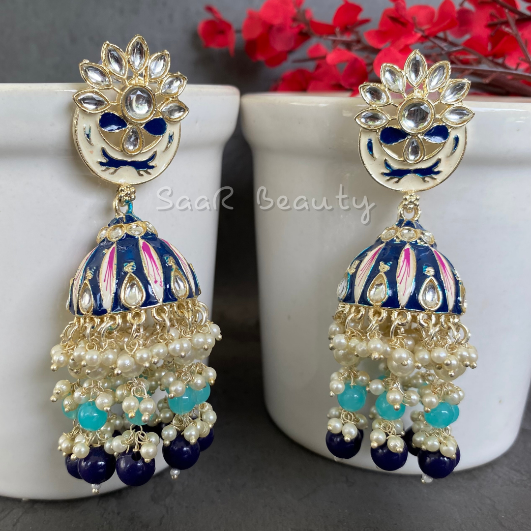 MEENAKARI VISHAKHA JHUMKA EARRINGS - NAVY BLUE