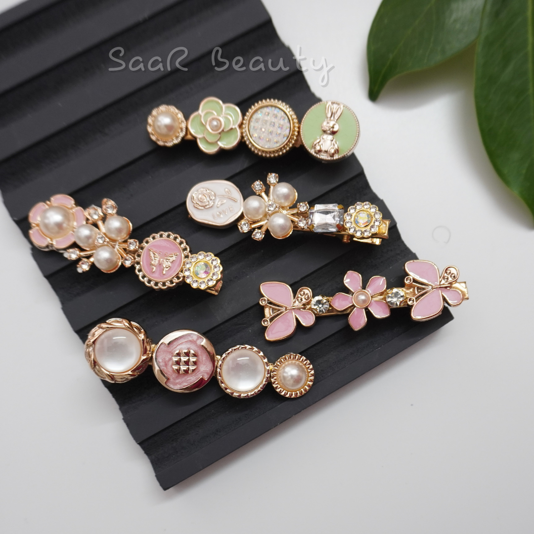 Set of 5 Korean Alligator Hair Clips – Pastel Pink and Green Tones with Elegant White Rose Design