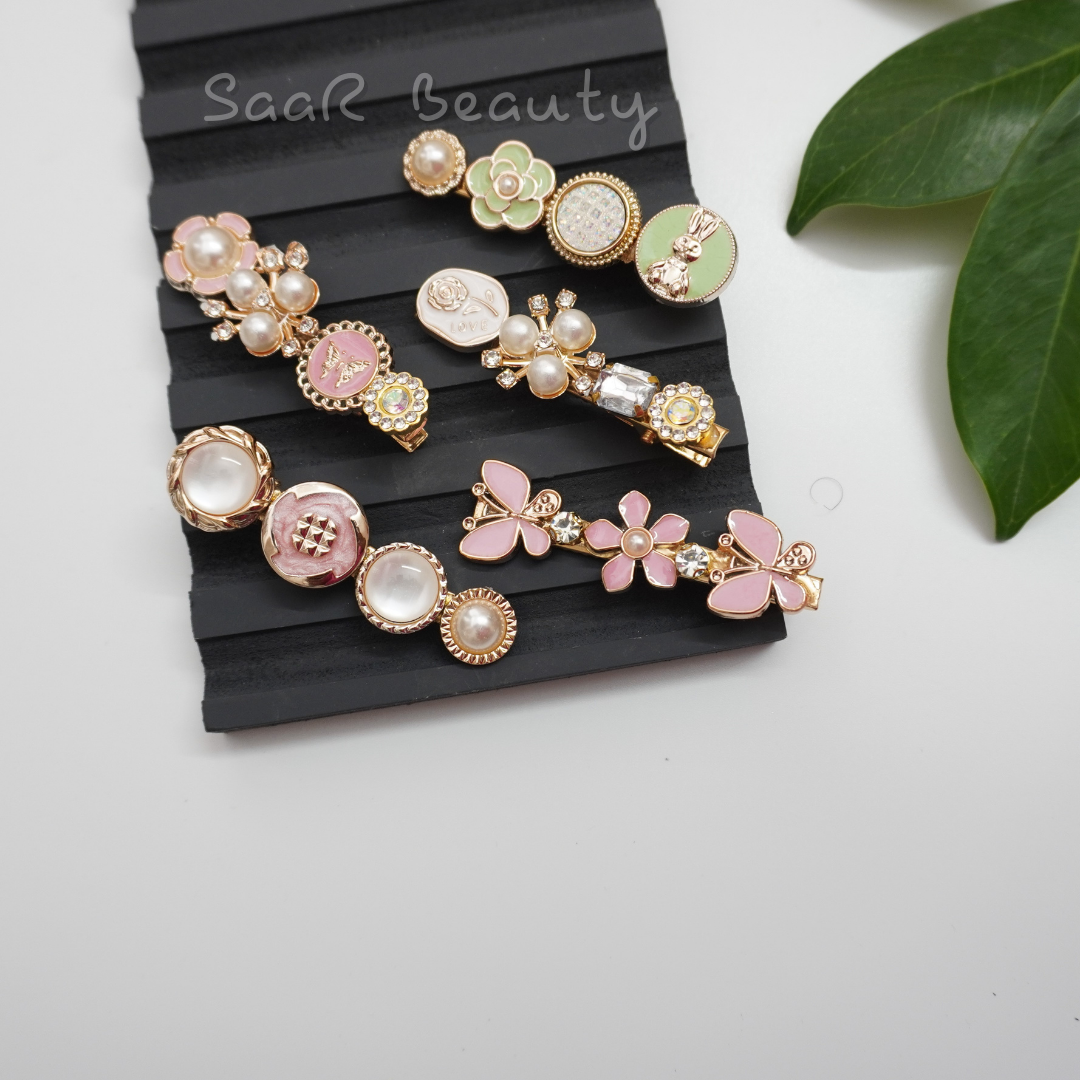 Set of 5 Korean Alligator Hair Clips – Pastel Pink and Green Tones with Elegant White Rose Design