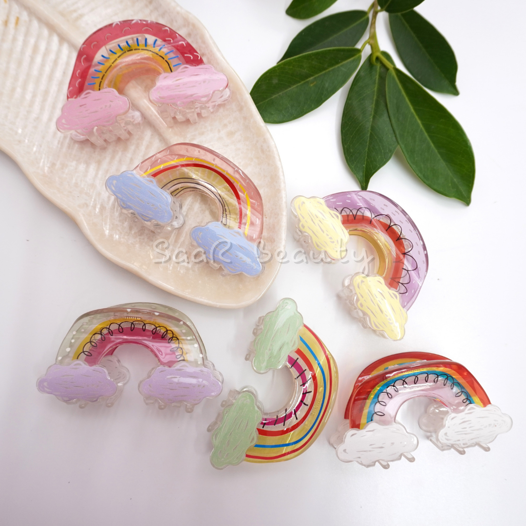 Colorful Rainbow Korean Hair Claw Clips for Women, Girls & Kids | Adorable Cloud-Themed Hair Clutchers RAINBOW CLOUDS CLAW CLUTCHER