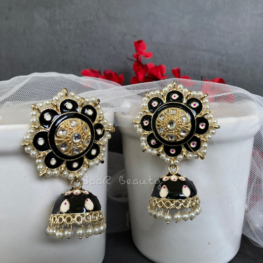 MEENAKARI RAMBHA JHUMKA TOPS EARRINGS - BLACK