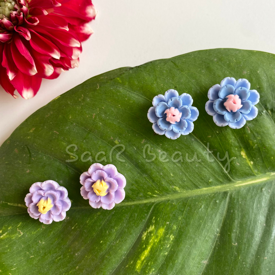 LAVENDER &amp; BLUE FLOWER TOPS STUD EARRINGS