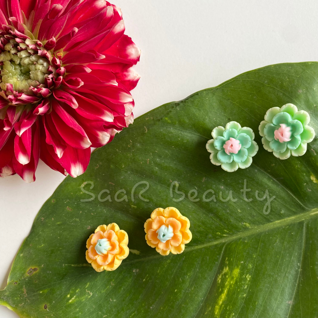 YELLOW &amp; GREEN FLOWER TOPS STUD EARRINGS