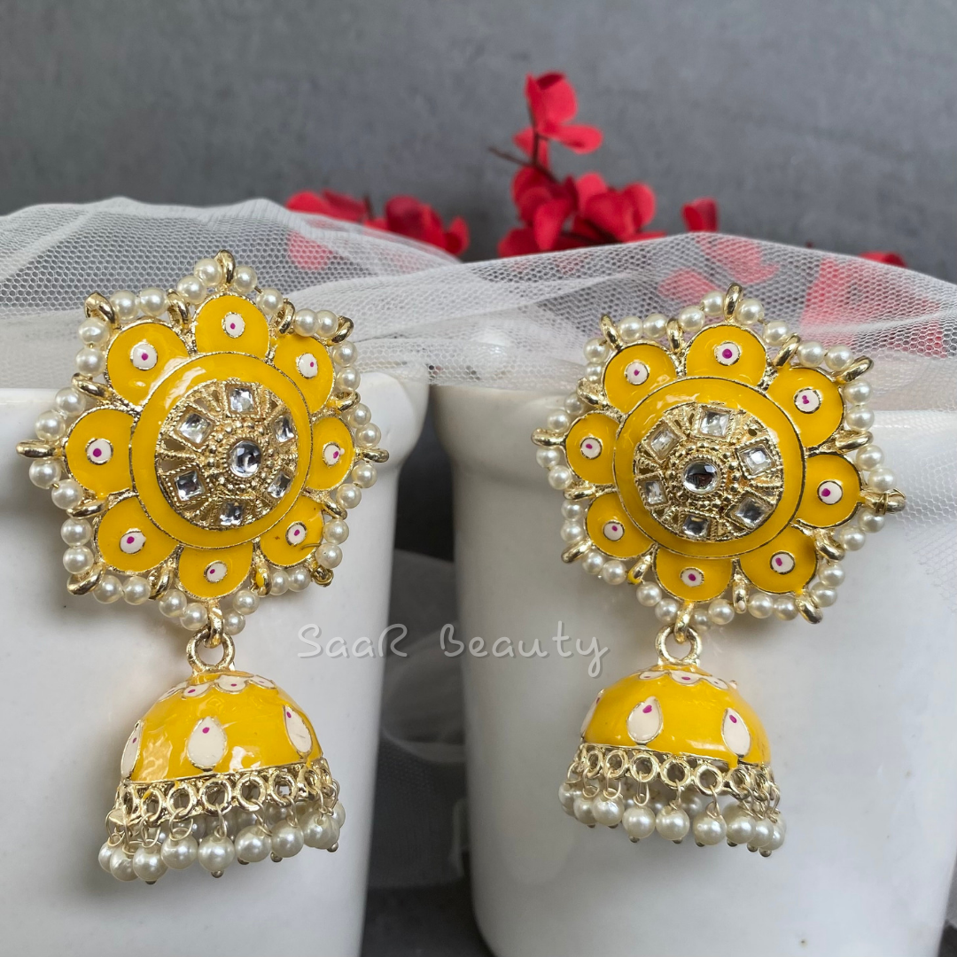 MEENAKARI RAMBHA JHUMKA TOPS EARRINGS - YELLOW