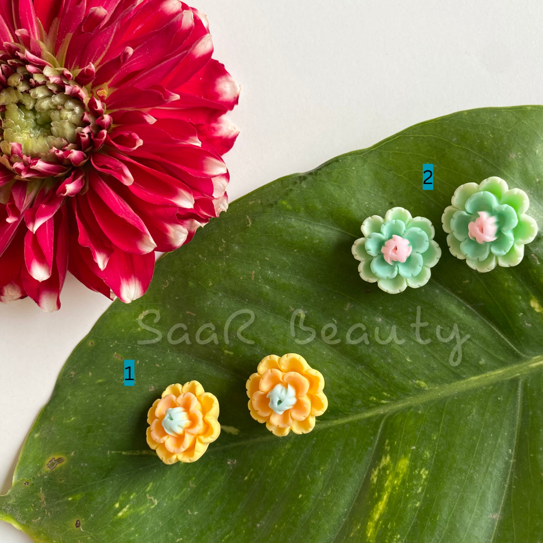 YELLOW & GREEN FLOWER TOPS STUD EARRINGS