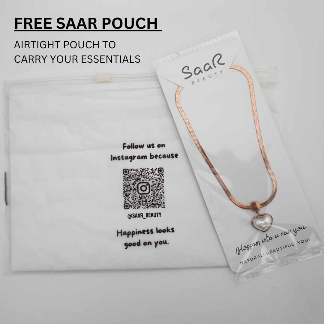 Luxury anti-tarnish neckpiece with complimentary Saar Beauty airtight storage pouch for easy care.