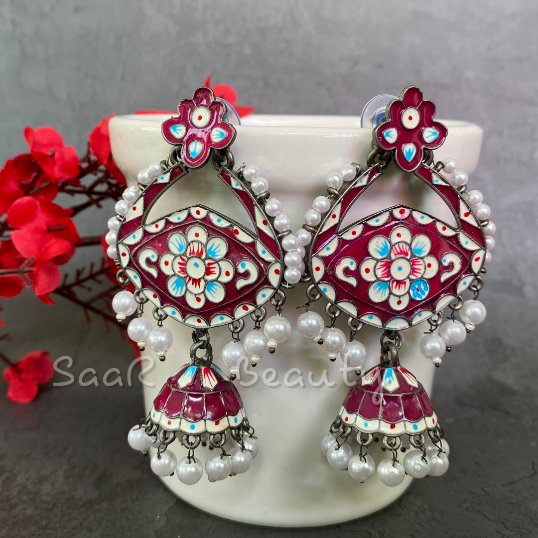 MEENAKARI MADHAVI JHUMKA - MARRON & BLUE