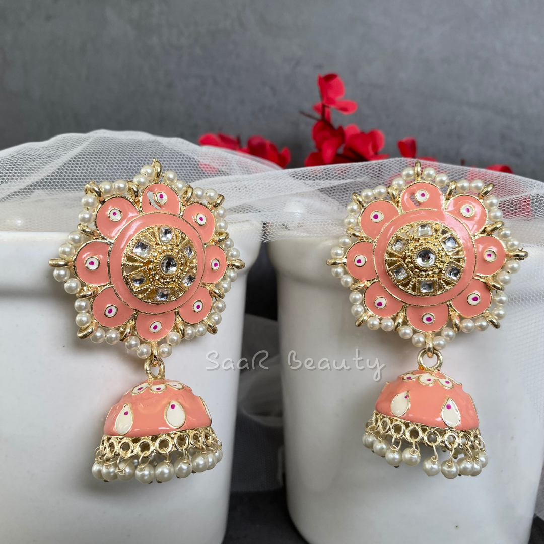 MEENAKARI RAMBHA JHUMKA TOPS EARRINGS - PEACH