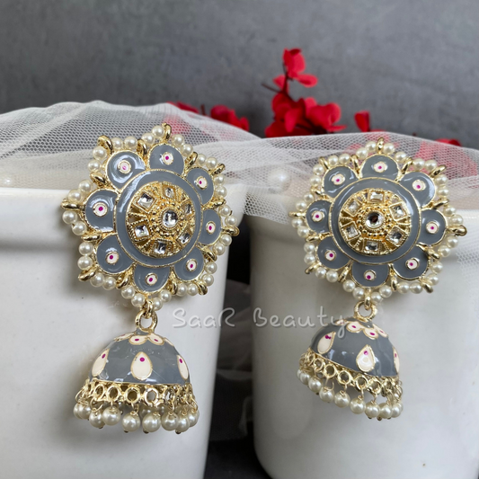 MEENAKARI RAMBHA JHUMKA TOPS EARRINGS - GREY