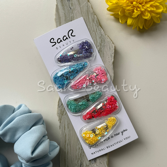 MUTLI COLOURED GLITTER FILLED TIC TAC CLIP SET OF 6