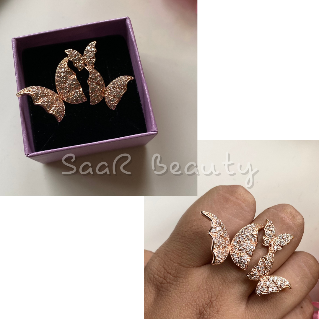 Rose Gold 3-Butterfly Adjustable Ring by Saar Beauty – Anti-tarnish, elegant design with three butterflies, adjustable size, perfect for all occasions