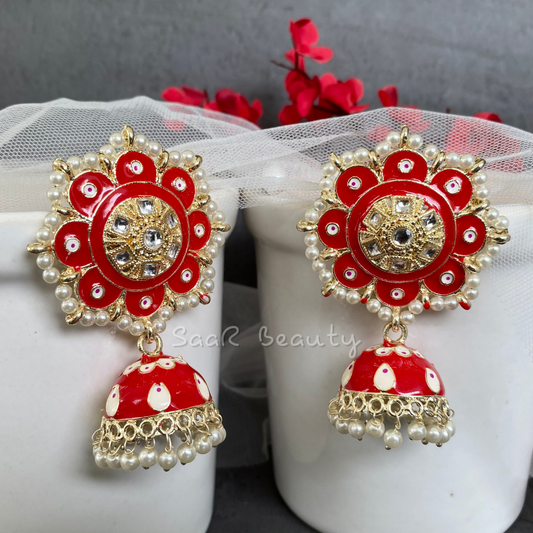 MEENAKARI RAMBHA JHUMKA TOPS EARRINGS - RED