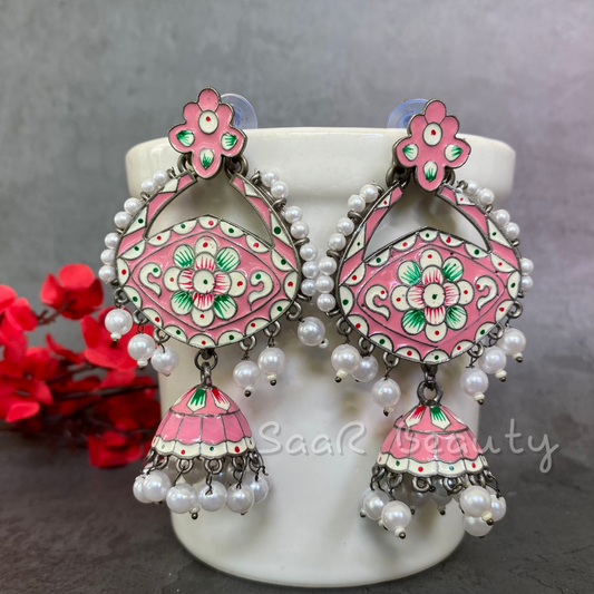 MEENAKARI MADHAVI JHUMKA - BABY PINK & GREEN