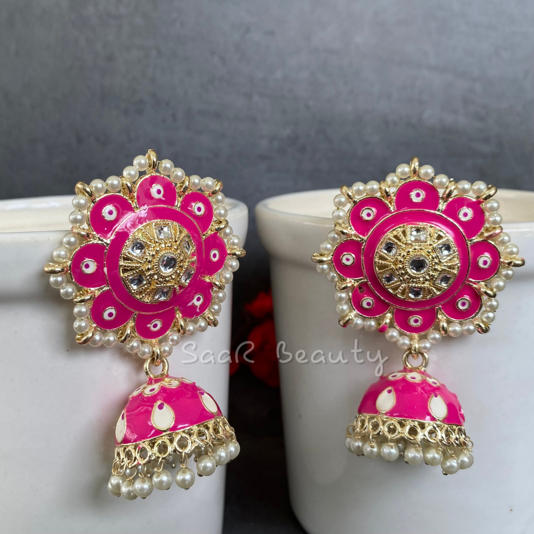 MEENAKARI RAMBHA JHUMKA TOPS EARRINGS - PINK