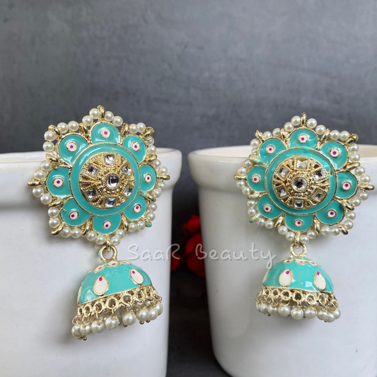 MEENAKARI RAMBHA JHUMKA TOPS EARRINGS - AQUA GREEN