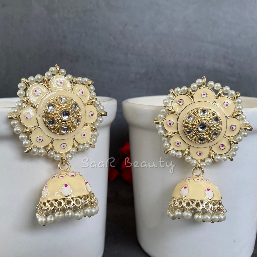 MEENAKARI RAMBHA JHUMKA TOPS EARRINGS - YELLOWISH WHITE