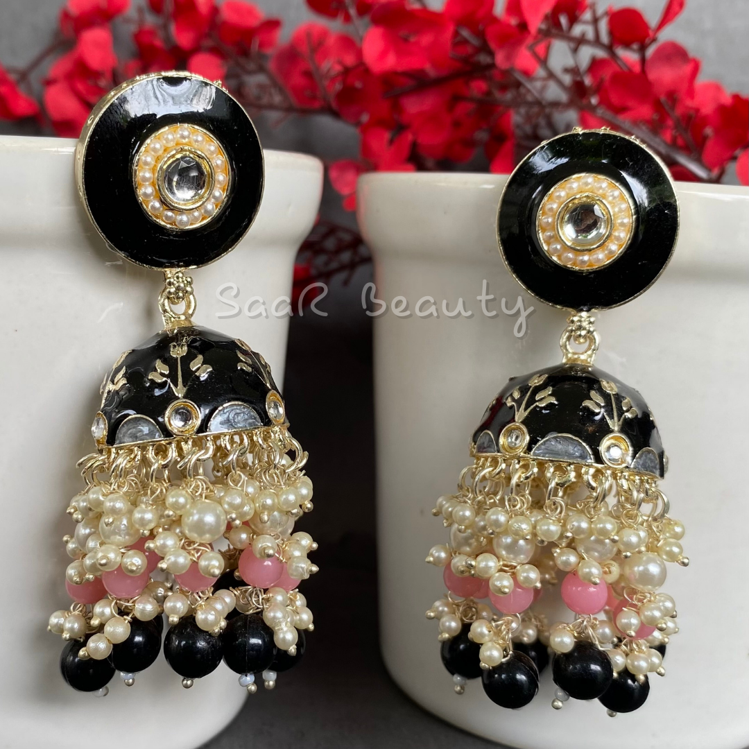 MEENAKARI RADHIKA JHUMKA EARRINGS - BLACK