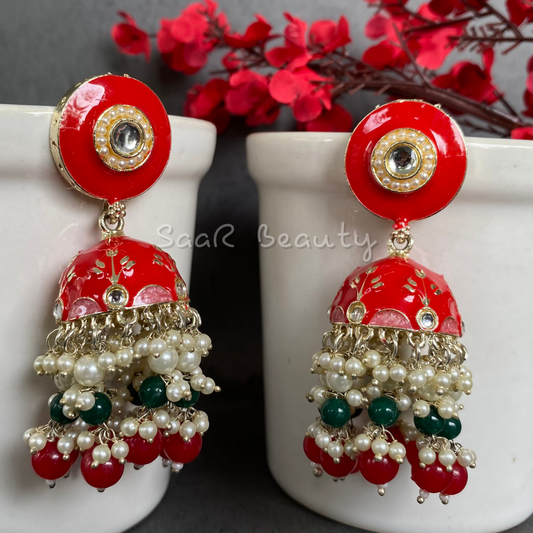 MEENAKARI RADHIKA JHUMKA EARRINGS - RED