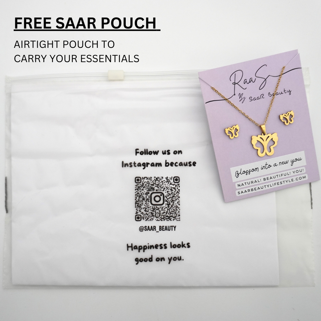 Close-up of a butterfly-shaped necklace and earrings set styled with air tight pouch.