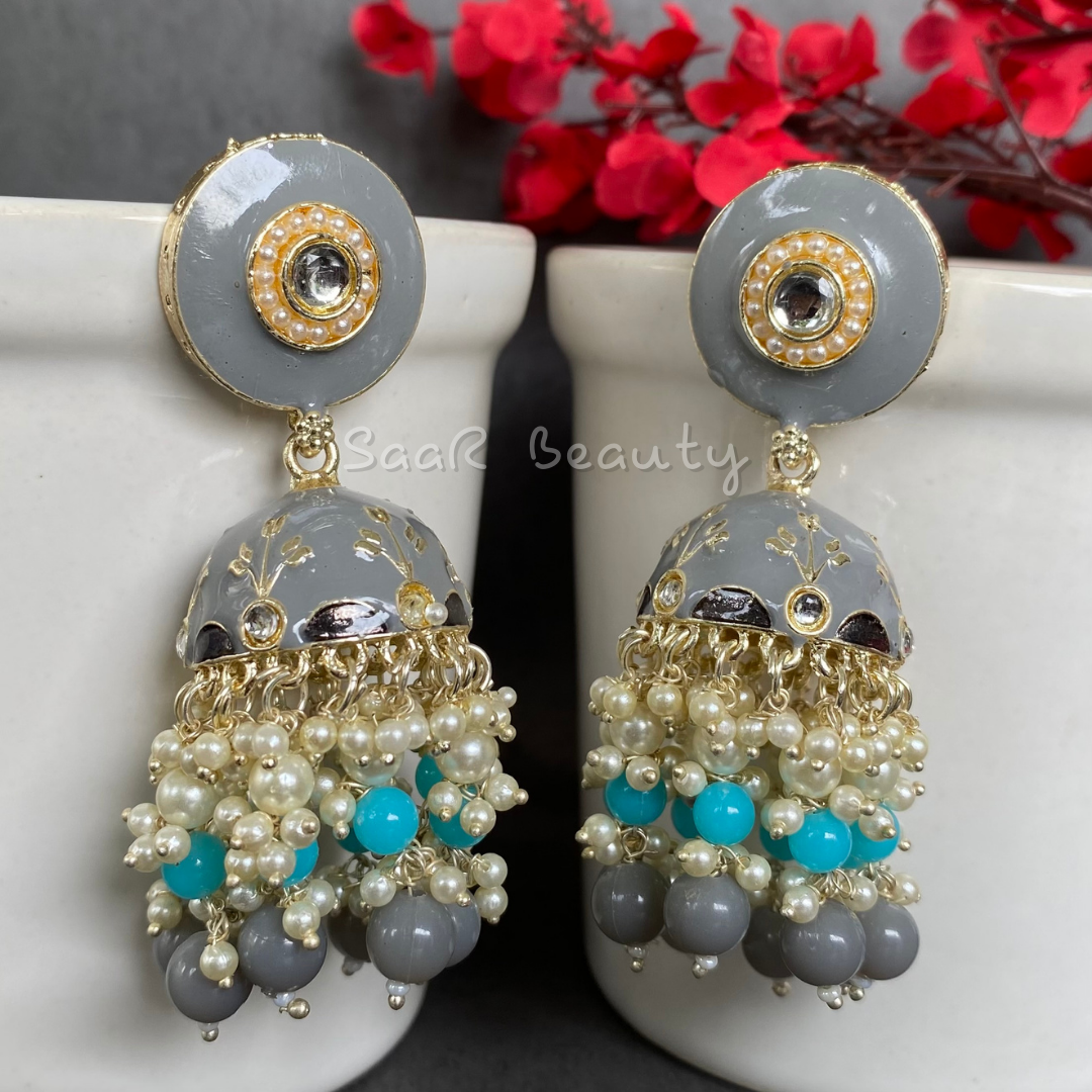 MEENAKARI RADHIKA JHUMKA EARRINGS - GREY