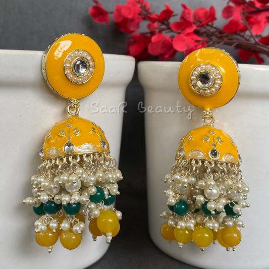 MEENAKARI RADHIKA JHUMKA EARRINGS - YELLOW