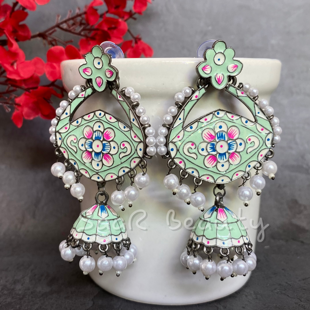 MEENAKARI MADHAVI JHUMKA -PASTEL GREEN &amp; BLUE