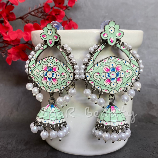 MEENAKARI MADHAVI JHUMKA -PASTEL GREEN & BLUE