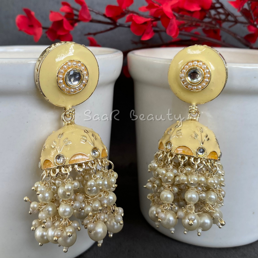 MEENAKARI RADHIKA JHUMKA EARRINGS - YELLOWISH WHITE