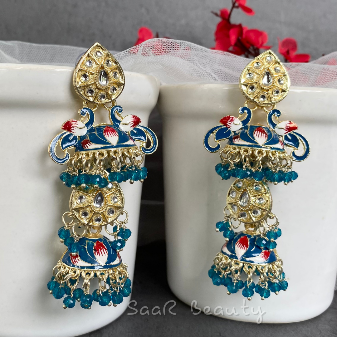 MEENAKARI NARSINGHI TRIPLE EARRINGS - BLUE