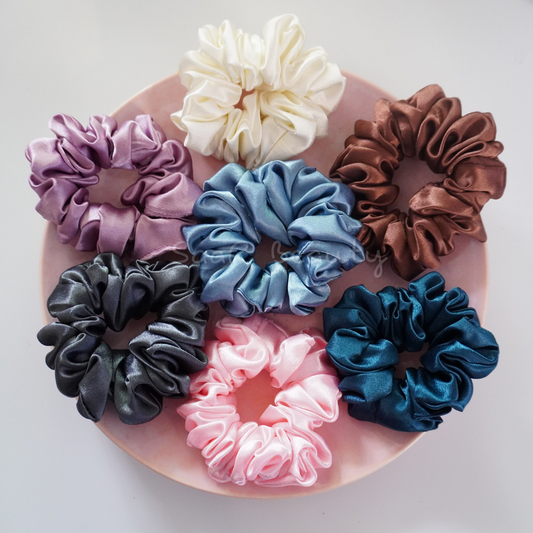 LARGE FLUFFY SATIN SCRUNCHIES DARK SHADES