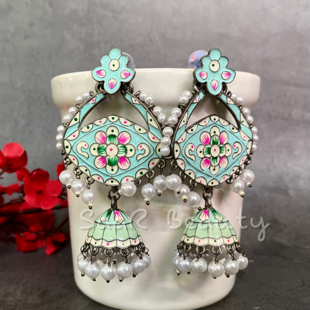 MEENAKARI MADHAVI JHUMKA -PASTEL GREEN &amp; GREEN