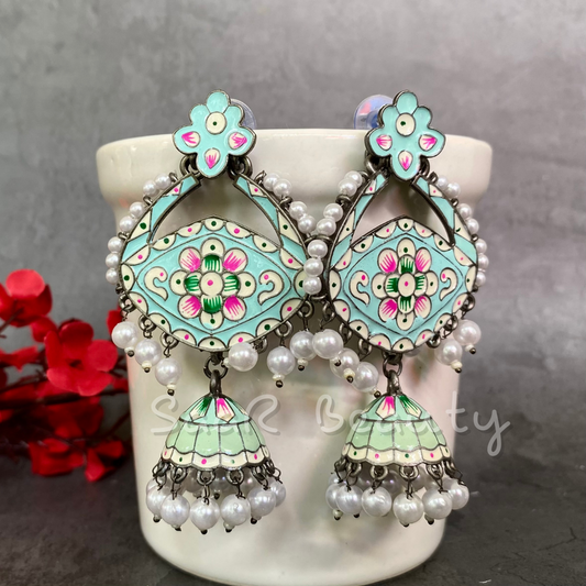 MEENAKARI MADHAVI JHUMKA -PASTEL GREEN & GREEN