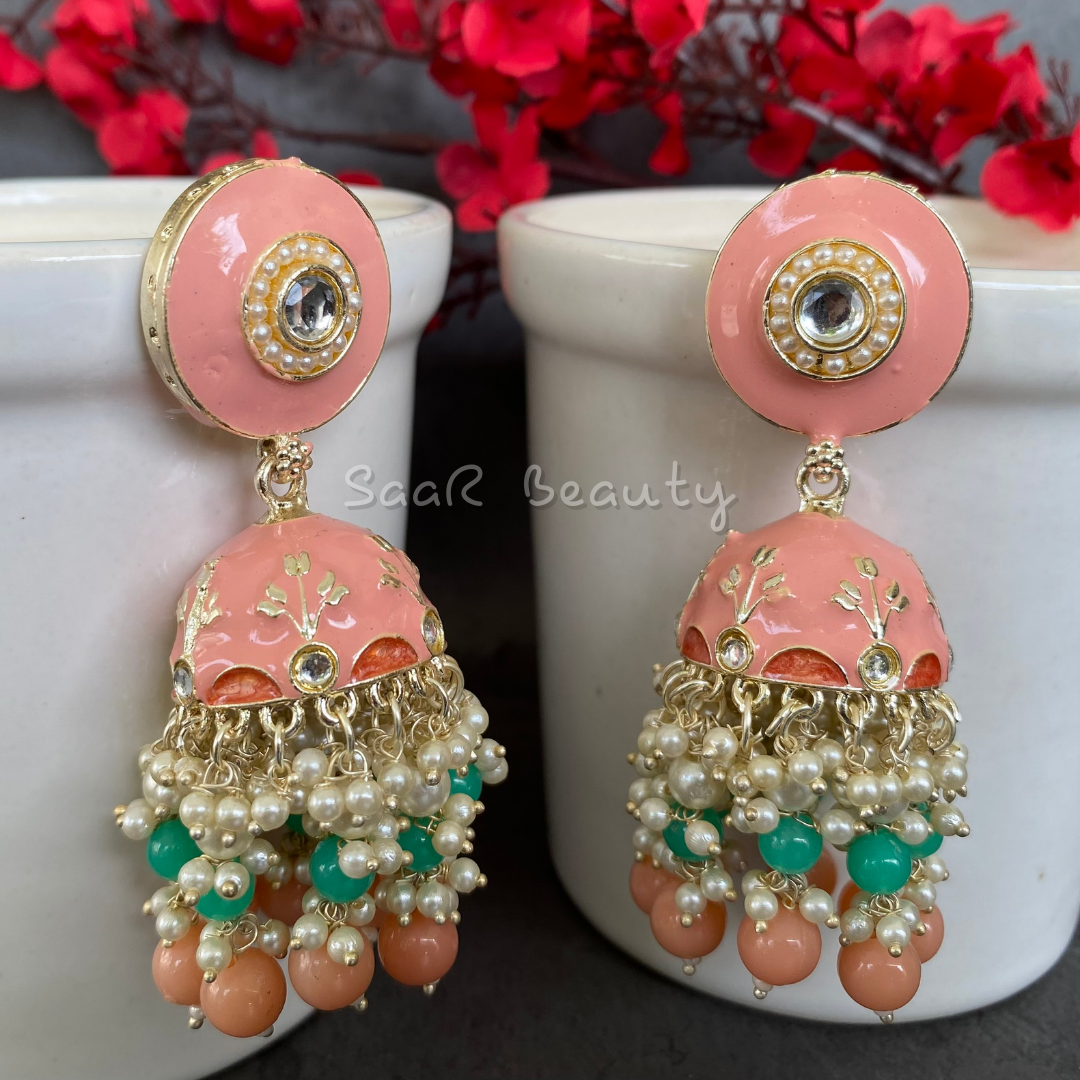 MEENAKARI RADHIKA JHUMKA EARRINGS - BABY PINK