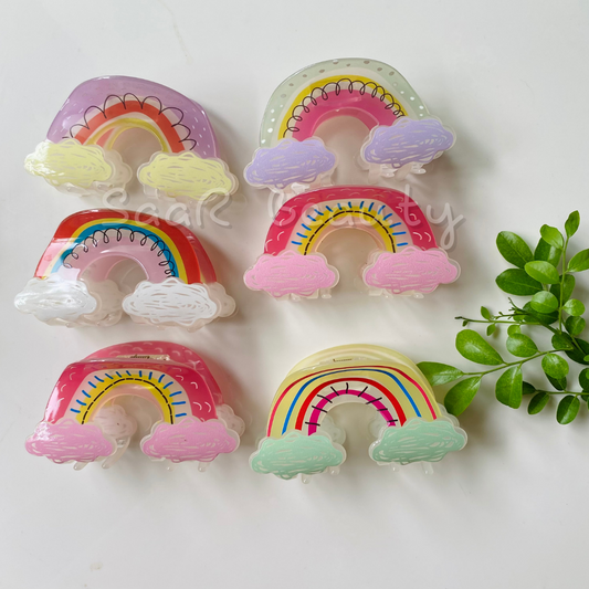 Colorful Rainbow Korean Hair Claw Clips for Women, Girls & Kids | Adorable Cloud-Themed Hair Clutchers RAINBOW CLOUDS CLAW CLUTCHER