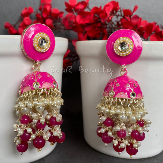 MEENAKARI RADHIKA JHUMKA EARRINGS - PINK