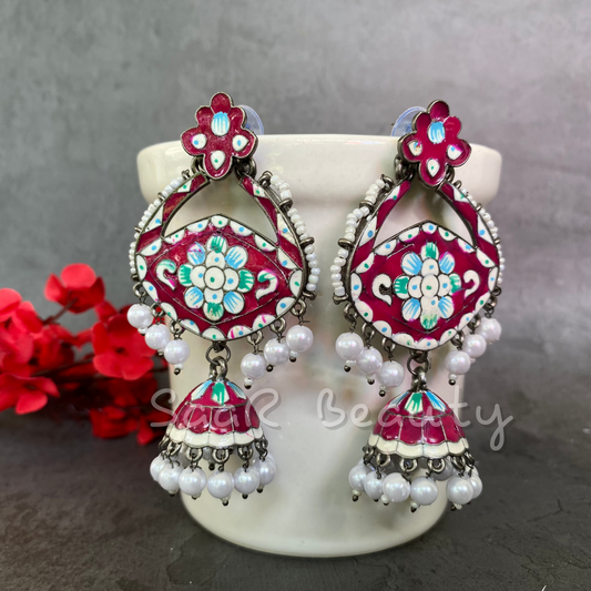 MEENAKARI MADHAVI JHUMKA - MARRON & GREEN