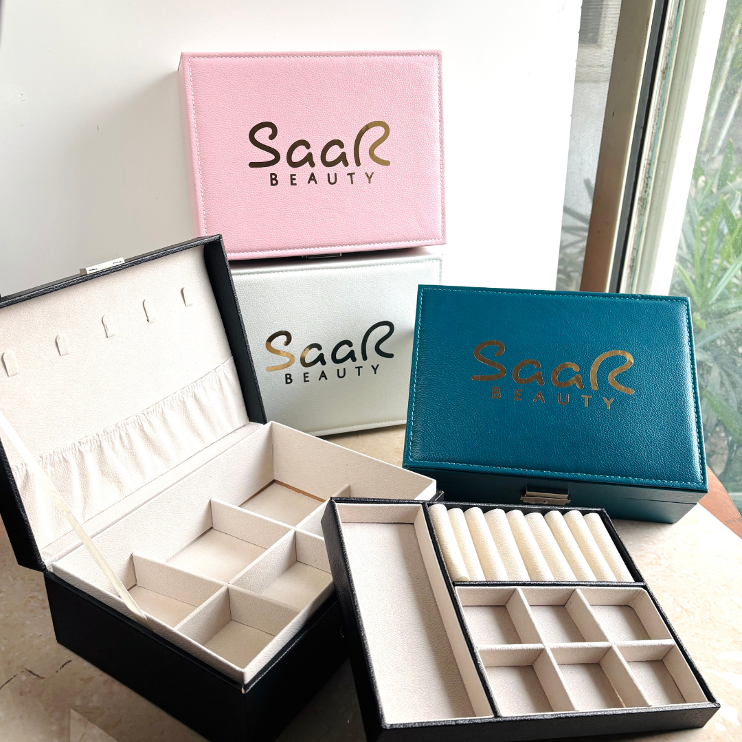 SaaR Beauty Leather Jewelry Organizer – Elegant, compact storage box with multiple compartments for rings, earrings, necklaces, and bracelets in stylish colors.