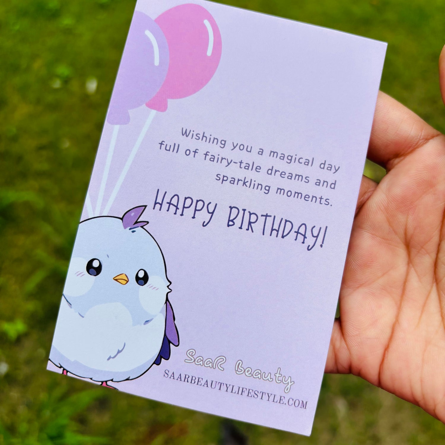 Cute pastel birthday greeting card with bird and balloons – Saar Beauty add-on for hampers and gifts