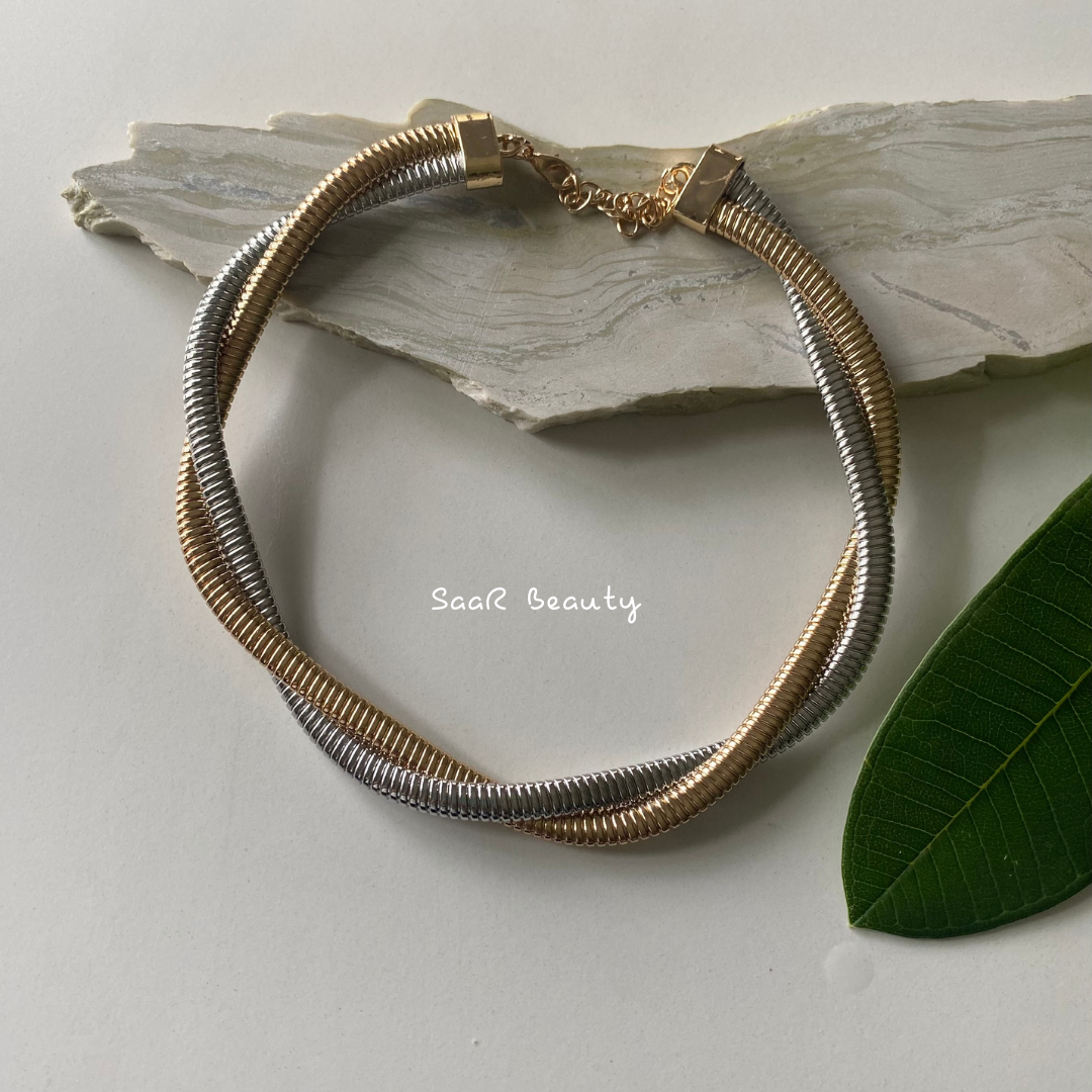 Metal chain necklace.&amp;nbsp;Adjustable length with a trigger clasp.  Accessory Style:&amp;nbsp;Pendant necklace Description: DUAL SHADE VIRAL SNAKE CHAIN CHOKER   Country of production:&amp;nbsp;India Common generic name:&amp;nbsp;Necklace Net Quantity:&amp;nbsp;1 N   Composition  Metal 80%, Polymethyl methacrylate 10%, Steel 10%