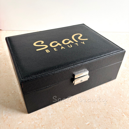 SaaR Beauty Leather Jewelry Organizer – Elegant, compact storage box with multiple compartments for rings, earrings, necklaces, and bracelets in black colors.